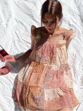 Moodie Jane Patchwork Babydoll Dress Small Boho Tiered Ruffle Strap Cotton Lined